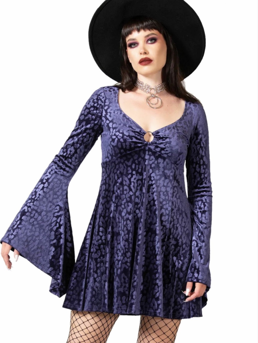 Killstar Nightcall Velvet Long-Sleeve V-Neck Dress with Subtle Animal Print